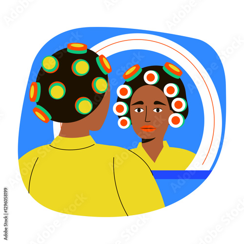 A flat style illustration of a woman putting hair roller on her head