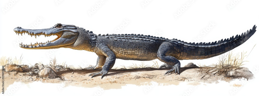 Fototapeta premium Detailed Illustration of an Ancient Crocodilian Walking on Land, Showcasing Sharp Teeth and Robust Body Structure in Natural Environment