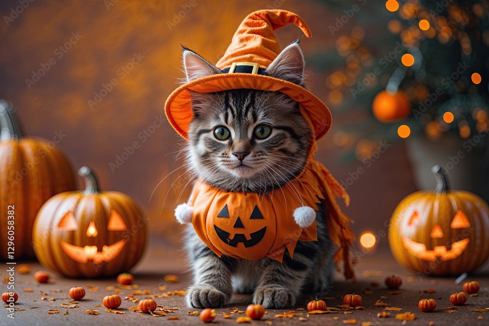 Naklejka premium Adorable Halloween Kitten Dressed in Costume on Cozy Amber Background