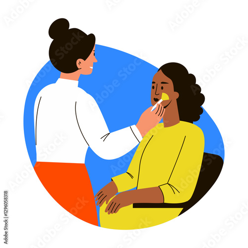 A flat style illustration of a beautician applying cheek makeup of a woman