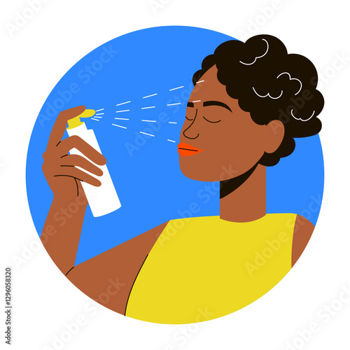 A flat style illustration of a character applying face spray