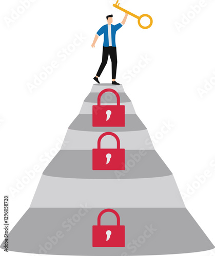 Unlock Key success ,businessman winner walk up to top of stairway lifting golden success key to the sky with secret key or achieve career target