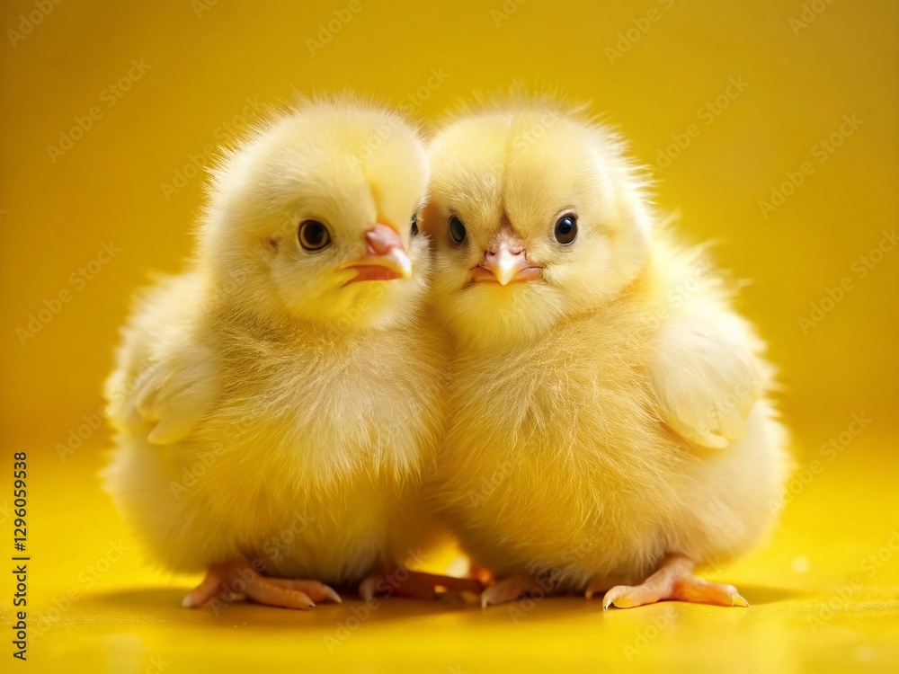 Obraz premium Adorable Baby Chicks Hugging, Cute Yellow Background Stock Photo
