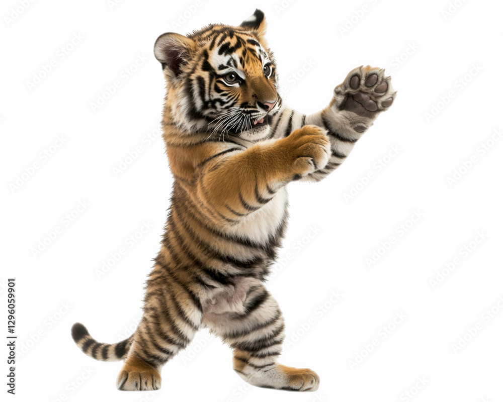 Obraz premium tiger performing playful dance move mid air, showcasing its energetic spirit and agility. This lively scene captures essence of wildlife in motion