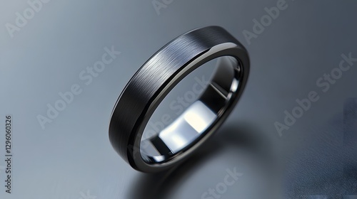 A men is tungsten carbide ring with a brushed matte finish, isolated on a sleek gray background
