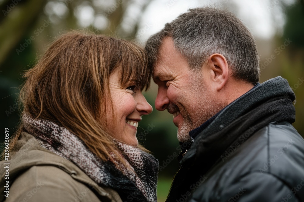 Fototapeta premium A couple in love in the park looking at each other with a smile. 