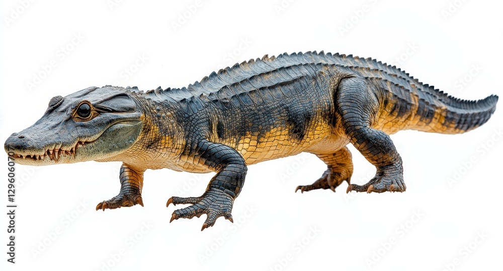Obraz premium Detailed View of a Prehistoric Crocodile-like Reptile with a Powerful Frame and Distinctive Features on a White Background