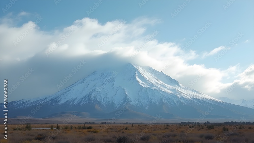 Majestic Snowy Mountain Peak Under Cloudy Blue Sky in Vast Rural Landscape Majestic Snowy Mountain Peak Under Cloudy Blue Sky in Vast Rural Landscape