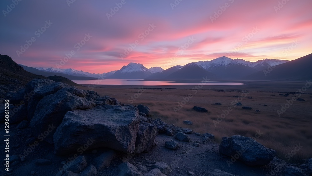 Scenic mountain landscape featuring a lake and a vivid, colorful sunset over the snow capped peaks. Scenic mountain landscape featuring a lake and a vivid, colorful sunset over the snow capped peaks.