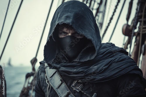 Mysterious hooded figure on a ship at sea, intense gaze.