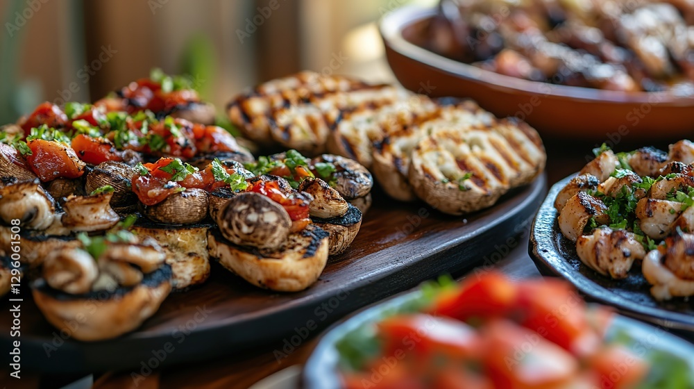 Delicious assorted grilled and roasted meats with fresh vegetables on a plate Delicious assorted grilled and roasted meats with fresh vegetables on a plate
