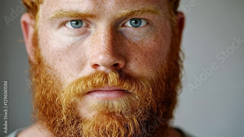 Ginger man with beard looking serious on camera indoor - Close up of irish redhead person - Model by AI generative
