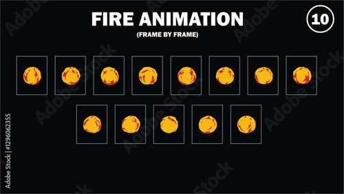 Sprite sheet animation of fire, fire balls, flaming rock, firey claw, fire explosion, firethrower, torch, campfire, fire trap, fire pillar, frame by frame animation of fire.