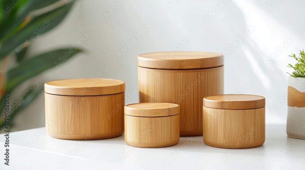 Set of four bamboo containers of different sizes for home organization Set of four bamboo containers of different sizes for home organization