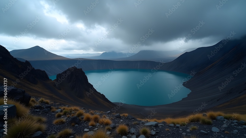Picturesque Crater Lake Landscape with Mountains and Clouds Picturesque Crater Lake Landscape with Mountains and Clouds