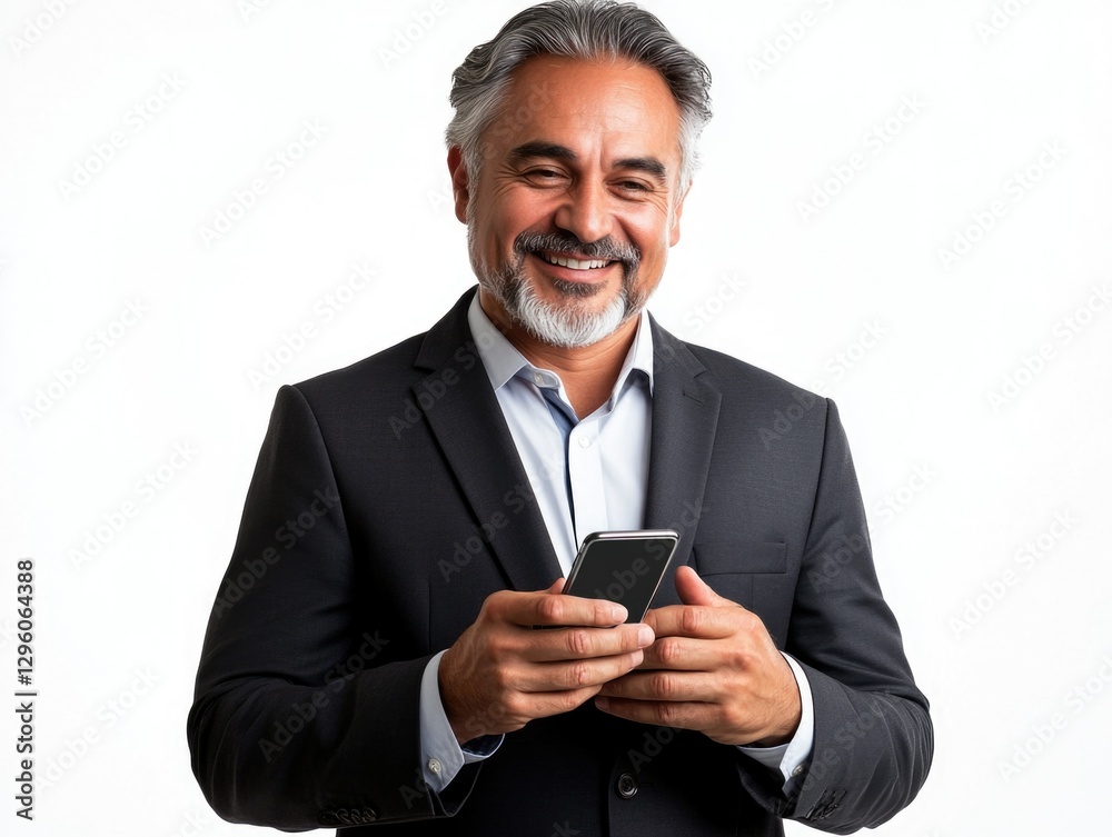 Man in suit checking cell phone with a smile, conveying confidence and modern connectivity.