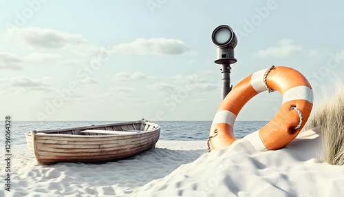 Seaside scenery with life preserver boat and submarine periscope