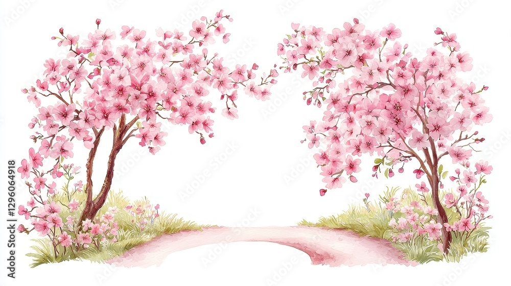 Fototapeta premium Charming Cherry Orchard, Lush blossoming fruit trees lining a winding dirt path, Evoking sweet simplicity and serenity, Ideal for whimsical designs and cheerful projects