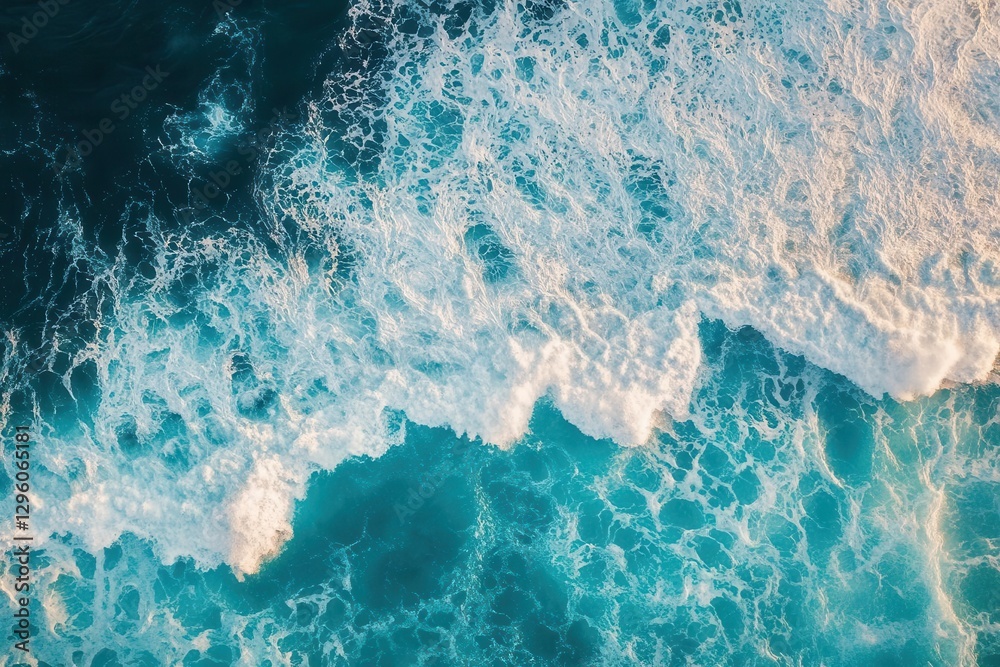 Fototapeta premium sweeping aerial view of turquoise ocean waves, frothy white crests, amber sunlight dances, dynamic coastal power, vast natural rhythm, serene bird’s-eye beauty.