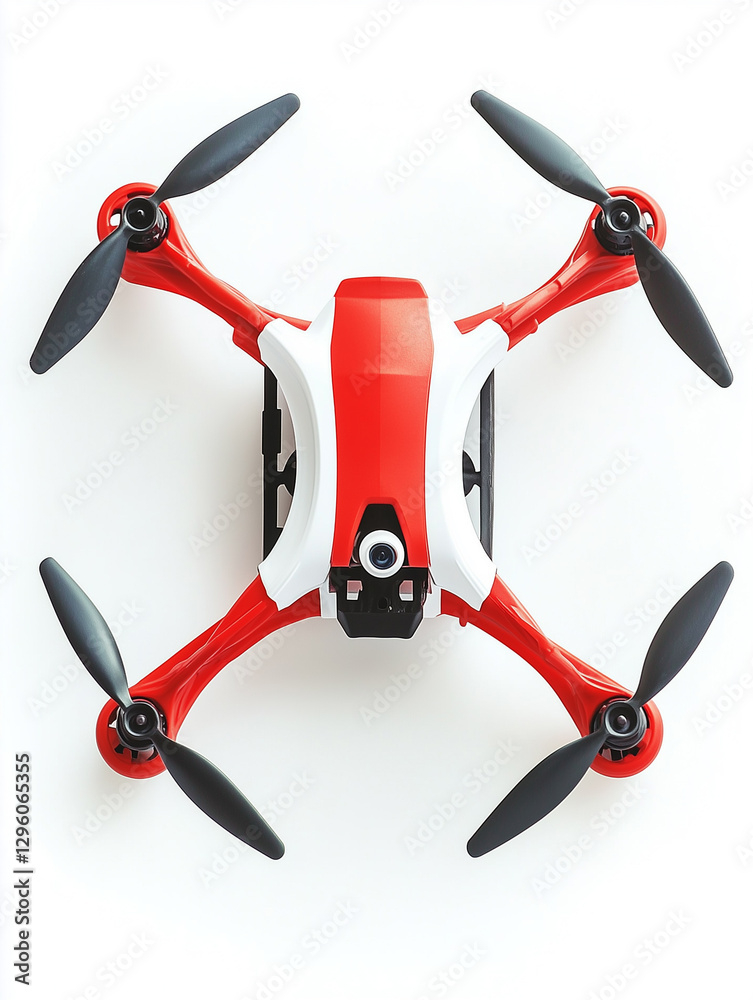 Top-down view of Quadcopter, Vertical takeoff and landing, detailed vehicle, white background Top-down view of Quadcopter, Vertical takeoff and landing, detailed vehicle, white background