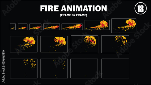 Sprite sheet animation of fire, fire balls, flaming rock, firey claw, fire explosion, firethrower, torch, campfire, fire trap, fire pillar, frame by frame animation of fire.