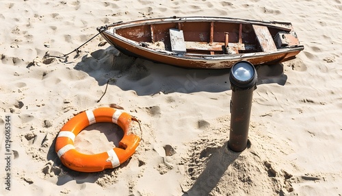 Beached boat life preserver and spyglass on the sandy shore