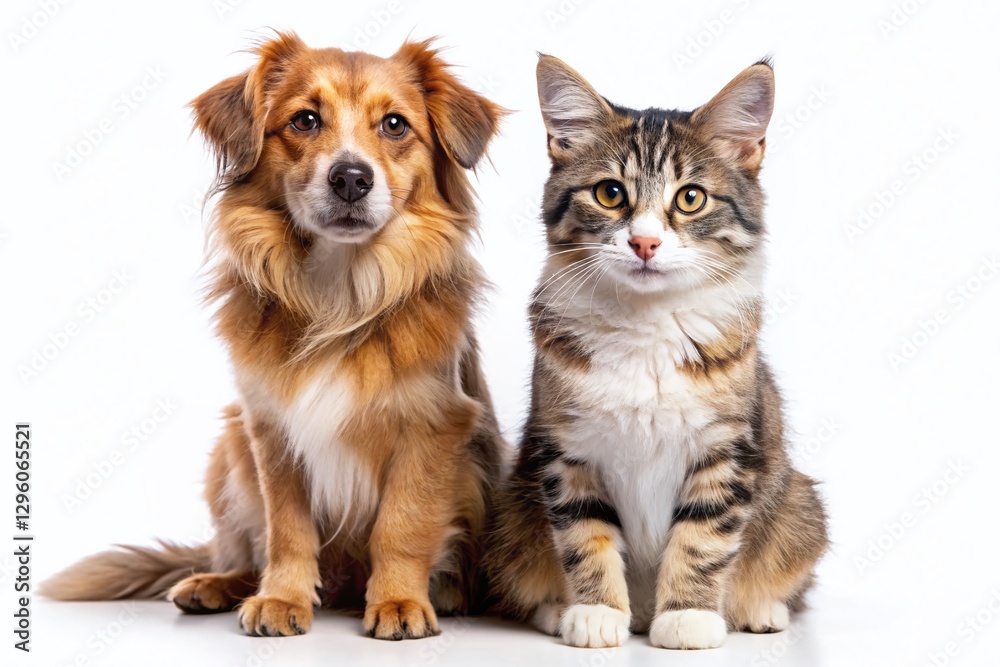 Obraz premium Adorable Cat and Dog Posing Together on White Background - Perfect for Pet-Related Designs