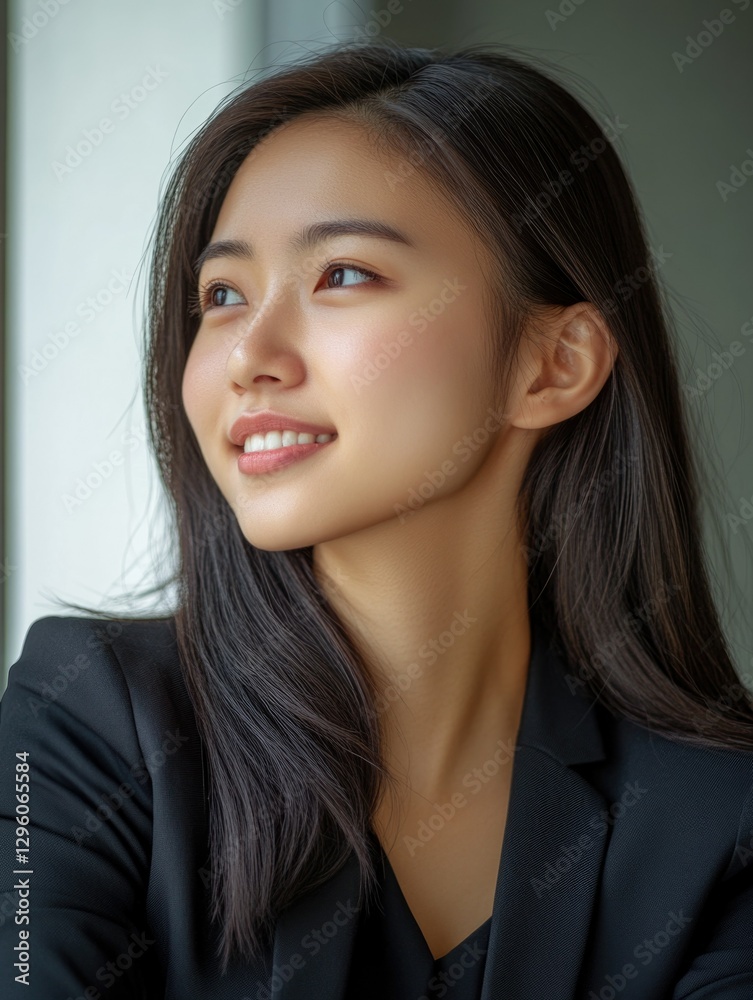 Smiling woman with short hair wearing a black suit, confident expression, office setting Smiling woman with short hair wearing a black suit, confident expression, office setting