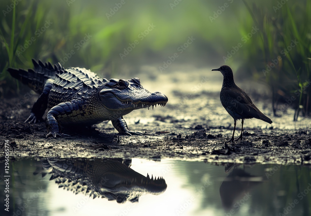 Encounter Between a Crocodile and a Small Bird in a Misty Marsh Environment Highlighting the Unique Interactions in Nature Encounter Between a Crocodile and a Small Bird in a Misty Marsh Environment Highlighting the Unique Interactions in Nature