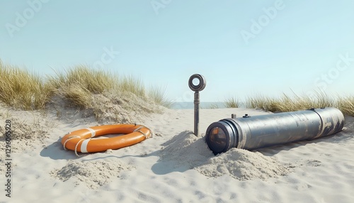 Life ring periscope and submarine tube on a sandy beach