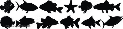 Fish silhouettes set, sea pack of vector silhouette design, isolated background