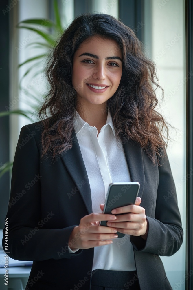 A young, smiling businesswoman in office attire using a smartphone, symbolizing modern technology's impact on work and personal life. A young, smiling businesswoman in office attire using a smartphone, symbolizing modern technology's impact on work and personal life.