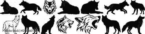 Wolf silhouettes set, animal pack of vector silhouette design, isolated background