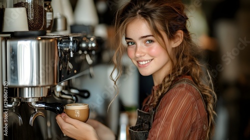 Portrait of beautiful asian girl, student working part-time in cafe, holding cup of coffee, made order, looking for client, wearing uniform.