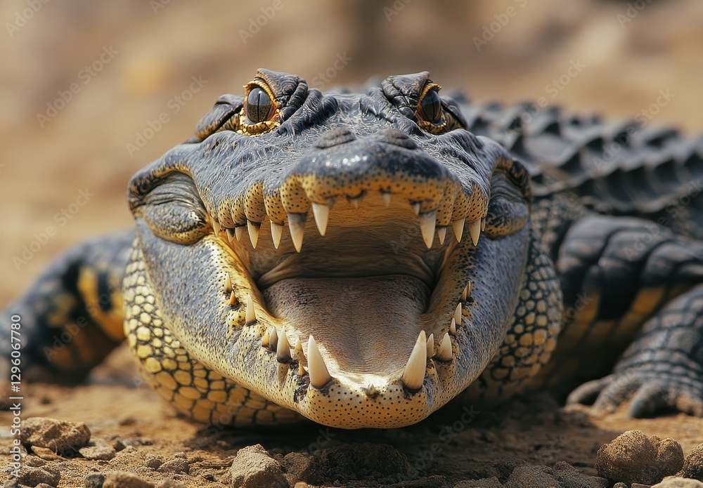 Fototapeta premium Fierce Alligator Close-Up with Sharp Teeth on Rocky Ground, Showcasing Powerful Jaws and Striking Eyes Under Bright Sunlight in Wild Habitat