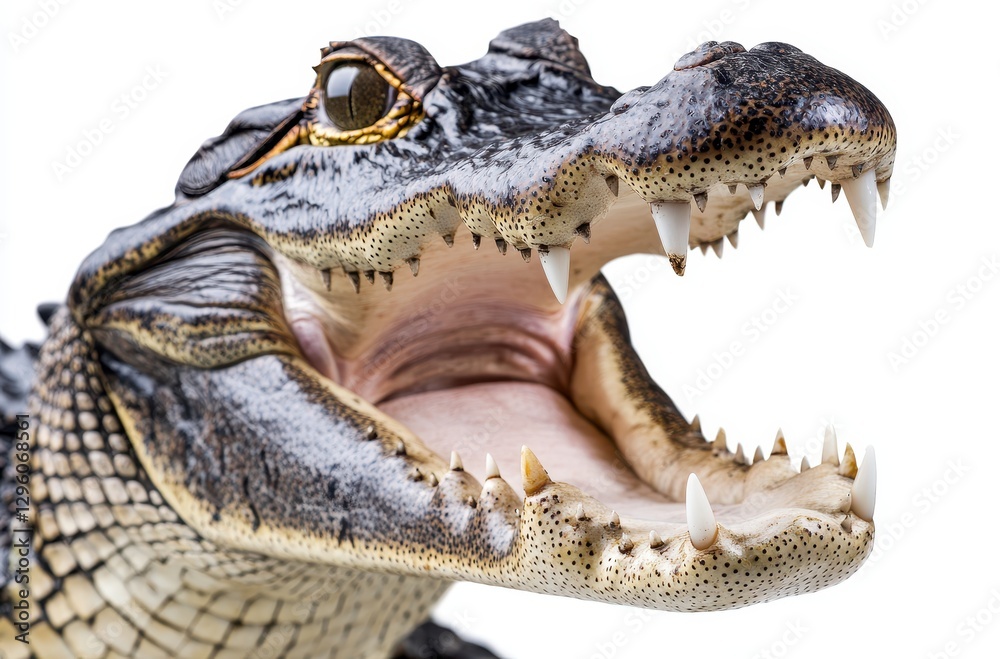 Obraz premium Fierce Alligator Portrait with Open Mouth Captured in Studio Setting Against White Background for Nature and Wildlife Photography