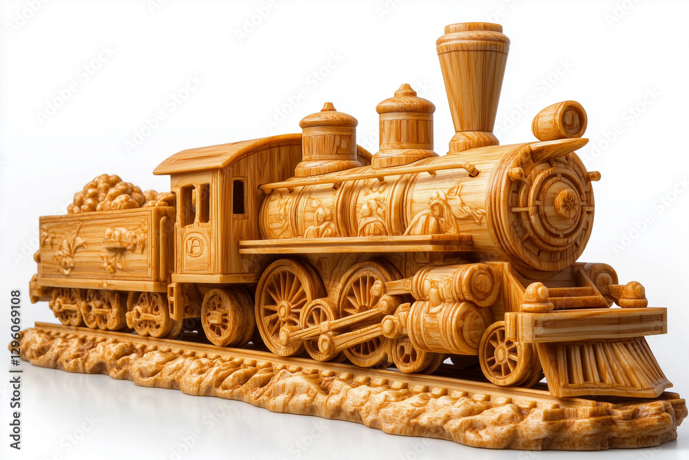 Rustic Light rail train, Train, wooden model vehicle, isolated on white Rustic Light rail train, Train, wooden model vehicle, isolated on white
