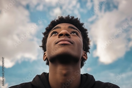 A young man with a serious expression looks up at the high sky, thinking about hope. 