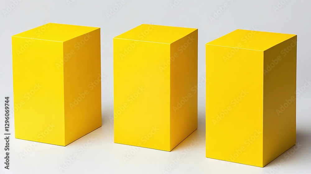 Fototapeta premium Three vibrant yellow rectangular prisms stand in a row on a white surface. The bright blocks create a simple, geometric composition.