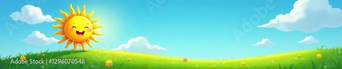Cartoon sun smiling over blue sky, green grass field, nature, background