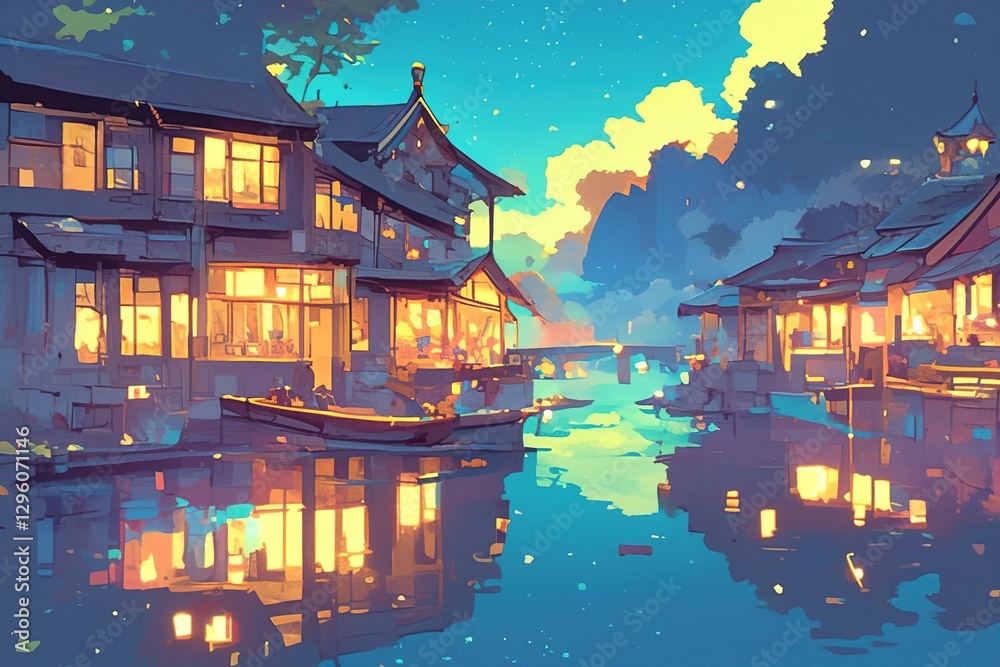 Obraz premium Serene river scene with traditional houses lit at dusk