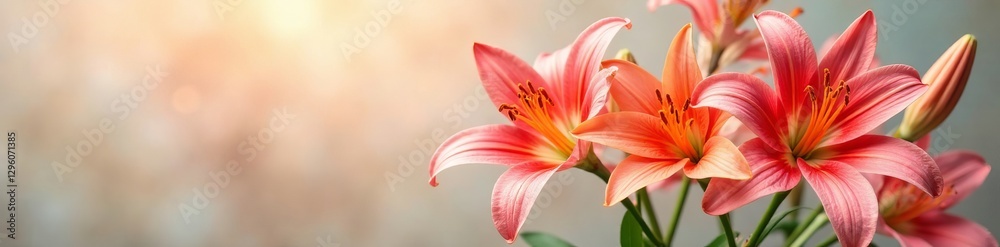 Close-up of vibrant lily blossoms on a neutral backdrop, beauty, vibrant
