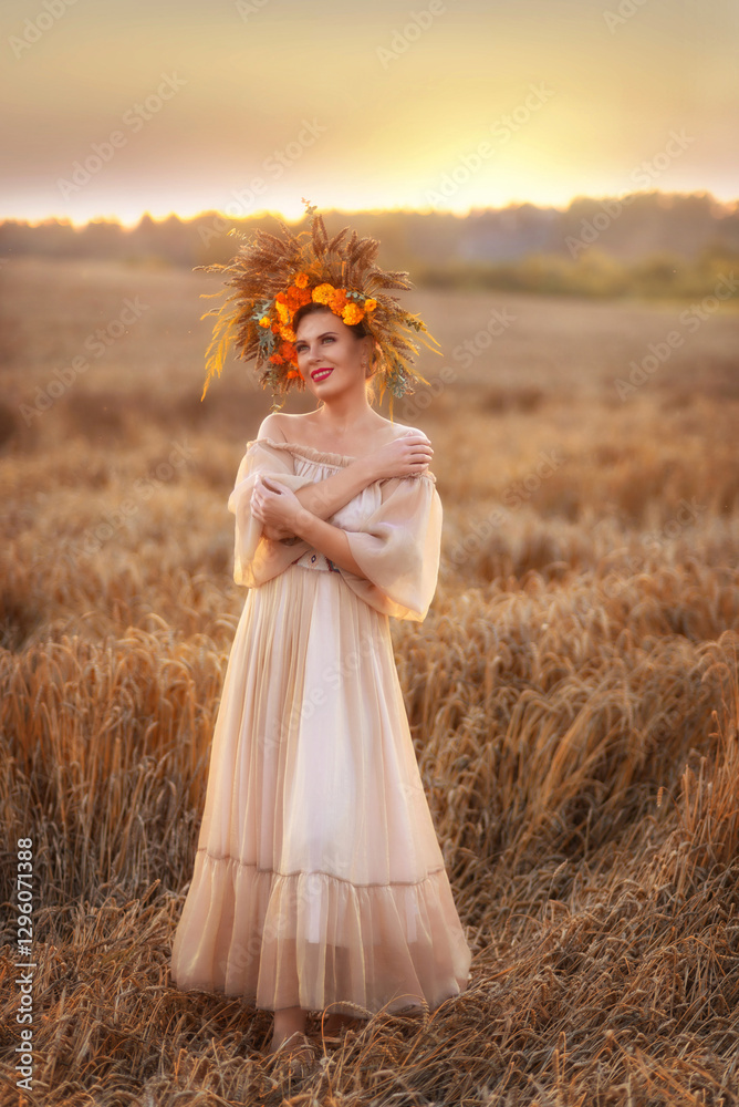 Obraz premium Beautiful girl in beige transparent summer dress and crown of flowers and ears on her head, walking through wheat field at sunset. Art photography. Autumn landscape.