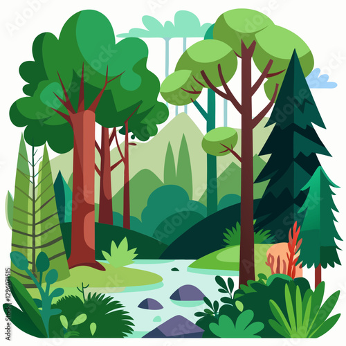 Colorful forest illustration with green trees and a stream