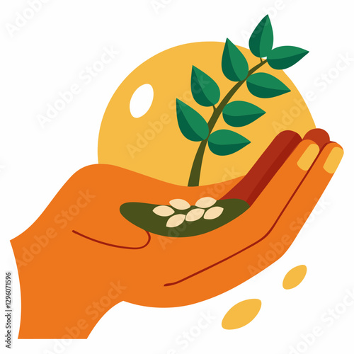 Hand With Seed nurturing plant against sun background