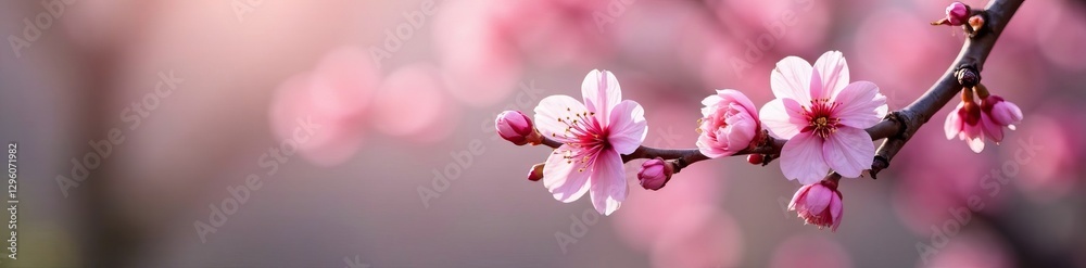 Obraz premium Delicate pink blossoms on curved branch, springtime beauty, delicate, soft