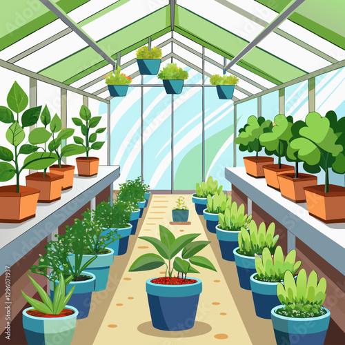 Plant Nursery in a greenhouse with various greenery
