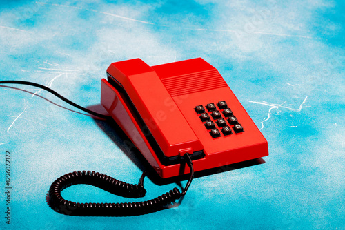 Closeup of a vintage red telephone on a blue background