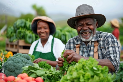 Senior farmers picking fresh vegetables and greens at the market