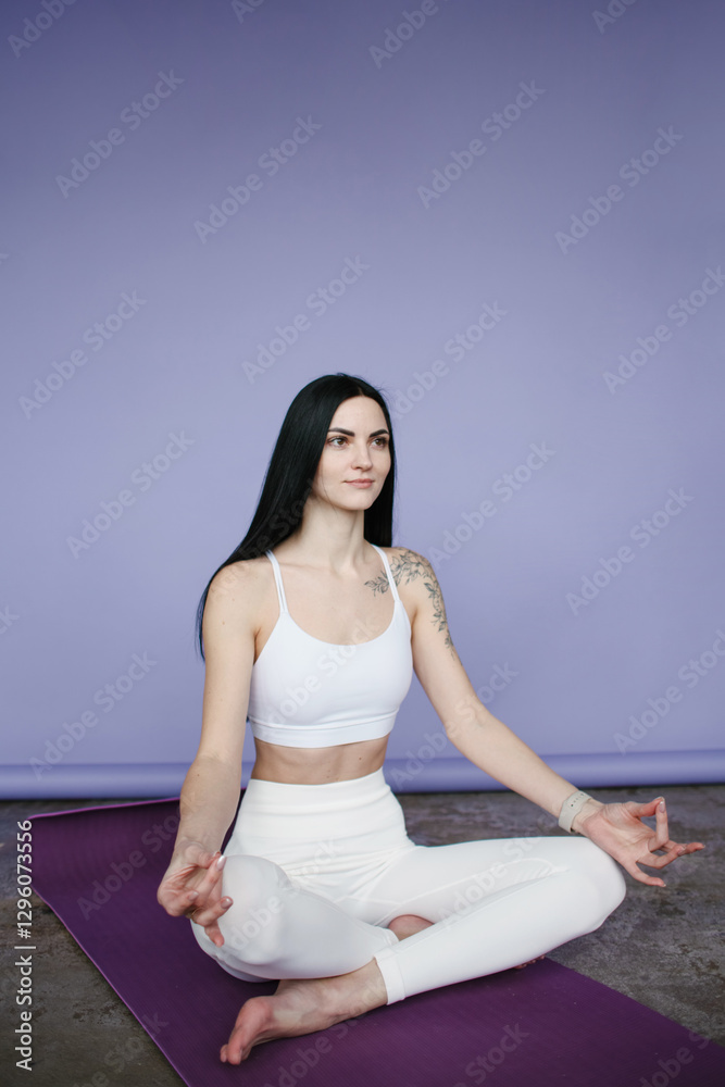 female yoga instructor sitting in lotus pose on a purple background female yoga instructor sitting in lotus pose on a purple background